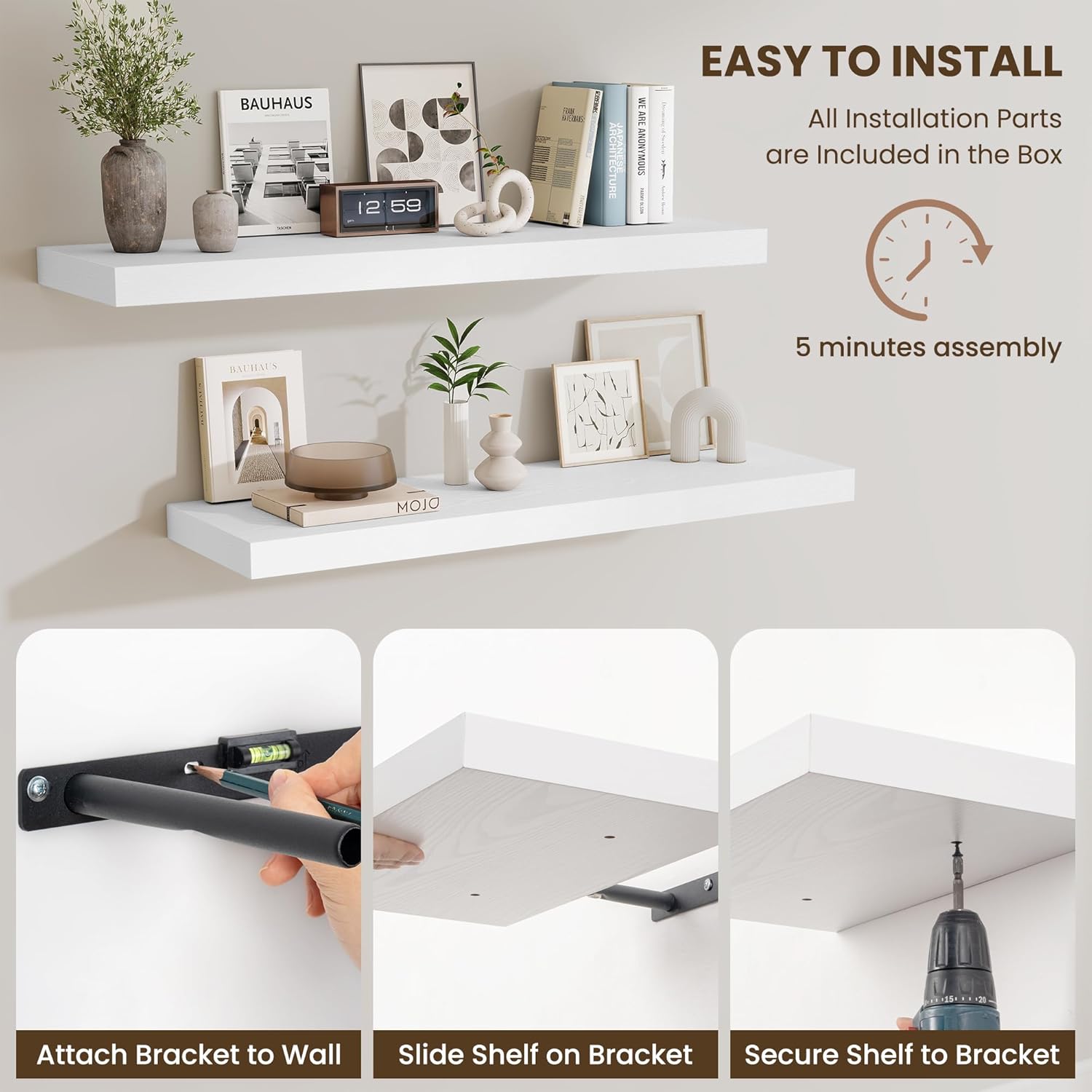 Fun Memories Floating Shelves for Wall 10 Inch, 10 Inch Deep Square Wall Shelves, Bathroom Storage Shelves Over Toilet, Wood Floating Shelves for Living Room Bedroom, White, Set of 2